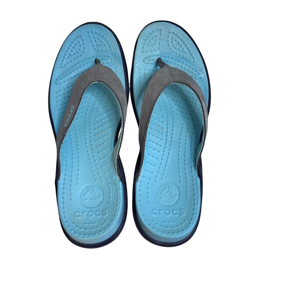 Crocs Capri IV Flip Flops Womens 10 Turquoise Blue Grey Thong Leather Sandals